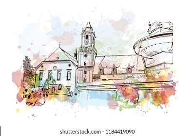 Landmark view with building of Bratislava, the capital of Slovakia. Watercolor splash with hand drawn sketch illustration in vector.