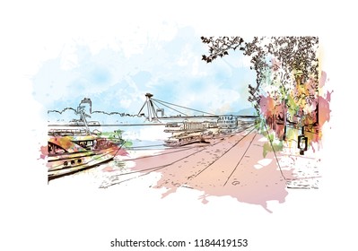 Landmark view with building of Bratislava, the capital of Slovakia. Watercolor splash with hand drawn sketch illustration in vector.