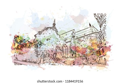 Landmark view with building of Bratislava, the capital of Slovakia. Watercolor splash with hand drawn sketch illustration in vector.