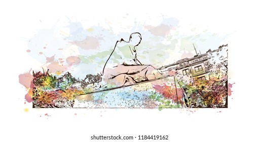 Landmark view with building of Bratislava, the capital of Slovakia. Watercolor splash with hand drawn sketch illustration in vector.