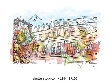Landmark view with building of Bratislava, the capital of Slovakia. Watercolor splash with hand drawn sketch illustration in vector.
