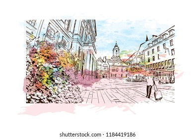 Landmark view with building of Bratislava, the capital of Slovakia. Watercolor splash with hand drawn sketch illustration in vector.