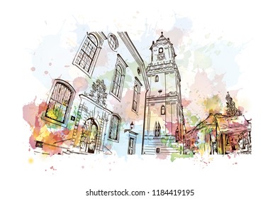 Landmark view with building of Bratislava, the capital of Slovakia. Watercolor splash with hand drawn sketch illustration in vector.