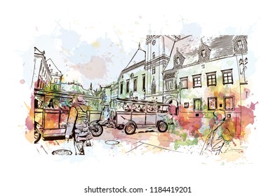 Landmark view with building of Bratislava, the capital of Slovakia. Watercolor splash with hand drawn sketch illustration in vector.