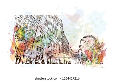 Landmark view with building of Bratislava, the capital of Slovakia. Watercolor splash with hand drawn sketch illustration in vector.