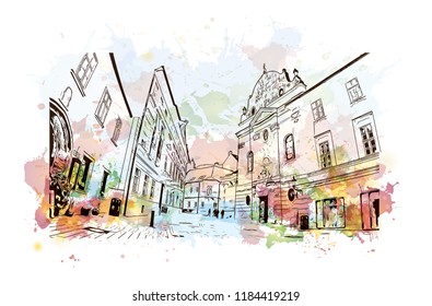 Landmark view with building of Bratislava, the capital of Slovakia. Watercolor splash with hand drawn sketch illustration in vector.