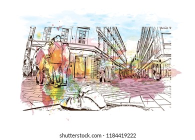 Landmark view with building of Bratislava, the capital of Slovakia. Watercolor splash with hand drawn sketch illustration in vector.