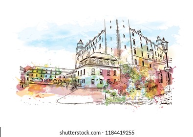Landmark view with building of Bratislava, the capital of Slovakia. Watercolor splash with hand drawn sketch illustration in vector.