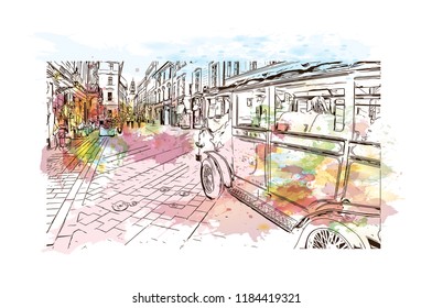 Landmark view with building of Bratislava, the capital of Slovakia. Watercolor splash with hand drawn sketch illustration in vector.