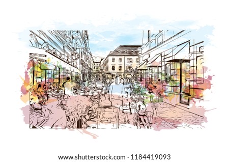 Landmark view with building of Bratislava, the capital of Slovakia. Watercolor splash with hand drawn sketch illustration in vector.