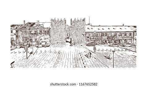 Landmark view with building, Castelo Mendo, Trancoso is a city and a municipality in Portugal. Hand drawn sketch illustration in vector.