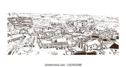 Landmark view with building, Castelo Mendo, Trancoso is a city and a municipality in Portugal. Hand drawn sketch illustration in vector.