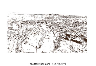 Landmark view with building, Castelo Mendo, Trancoso is a city and a municipality in Portugal. Hand drawn sketch illustration in vector.