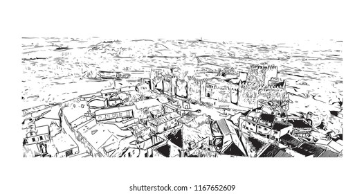 Landmark view with building, Castelo Mendo, Trancoso is a city and a municipality in Portugal. Hand drawn sketch illustration in vector.