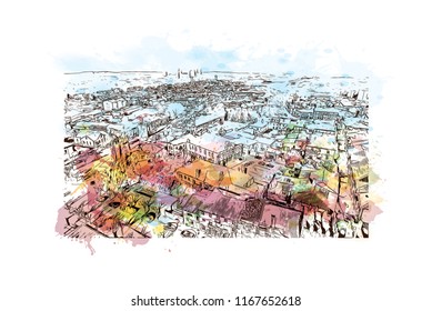 Landmark view with building, Castelo Mendo, Trancoso is a city and a municipality in Portugal. Watercolor splash with Hand drawn sketch illustration in vector.