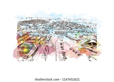 Landmark view with building, Castelo Mendo, Trancoso is a city and a municipality in Portugal. Watercolor splash with Hand drawn sketch illustration in vector.