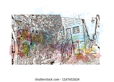 Landmark view with building, Castelo Mendo, Trancoso is a city and a municipality in Portugal. Watercolor splash with Hand drawn sketch illustration in vector.