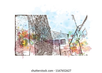 Landmark view with building, Castelo Mendo, Trancoso is a city and a municipality in Portugal. Watercolor splash with Hand drawn sketch illustration in vector.