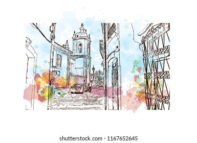 Landmark view with building, Castelo Mendo, Trancoso is a city and a municipality in Portugal. Watercolor splash with Hand drawn sketch illustration in vector.