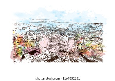 Landmark view with building, Castelo Mendo, Trancoso is a city and a municipality in Portugal. Watercolor splash with Hand drawn sketch illustration in vector.