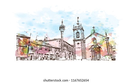 Landmark view with building, Castelo Mendo, Trancoso is a city and a municipality in Portugal. Watercolor splash with Hand drawn sketch illustration in vector.