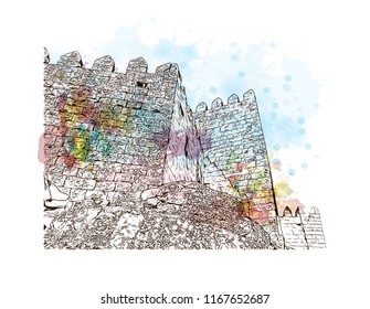 Landmark view with building, Castelo Mendo, Trancoso is a city and a municipality in Portugal. Watercolor splash with Hand drawn sketch illustration in vector.