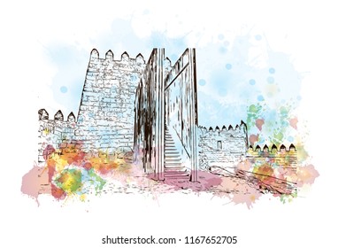 Landmark view with building, Castelo Mendo, Trancoso is a city and a municipality in Portugal. Watercolor splash with Hand drawn sketch illustration in vector.