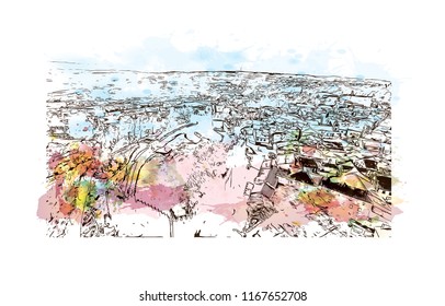 Landmark view with building, Castelo Mendo, Trancoso is a city and a municipality in Portugal. Watercolor splash with Hand drawn sketch illustration in vector.