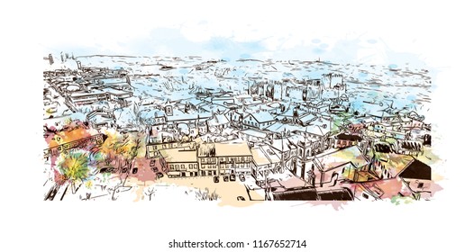 Landmark view with building, Castelo Mendo, Trancoso is a city and a municipality in Portugal. Watercolor splash with Hand drawn sketch illustration in vector.