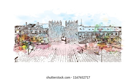 Landmark view with building, Castelo Mendo, Trancoso is a city and a municipality in Portugal. Watercolor splash with Hand drawn sketch illustration in vector.