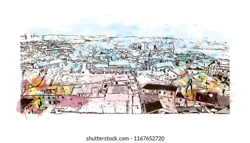 Landmark view with building, Castelo Mendo, Trancoso is a city and a municipality in Portugal. Watercolor splash with Hand drawn sketch illustration in vector.