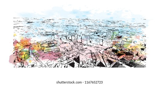 Landmark view with building, Castelo Mendo, Trancoso is a city and a municipality in Portugal. Watercolor splash with Hand drawn sketch illustration in vector.