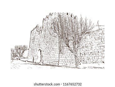 Landmark view with building, Castelo Mendo, Trancoso is a city and a municipality in Portugal. Hand drawn sketch illustration in vector.