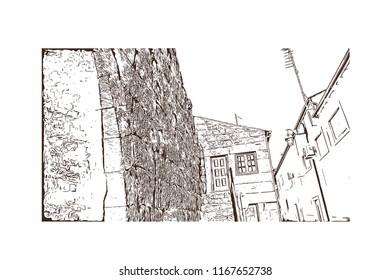 Landmark view with building, Castelo Mendo, Trancoso is a city and a municipality in Portugal. Hand drawn sketch illustration in vector.