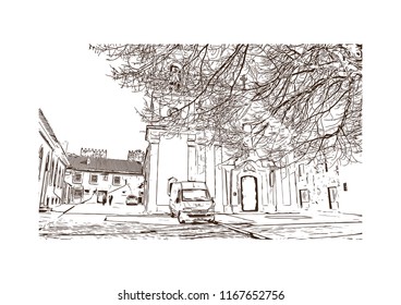 Landmark view with building, Castelo Mendo, Trancoso is a city and a municipality in Portugal. Hand drawn sketch illustration in vector.