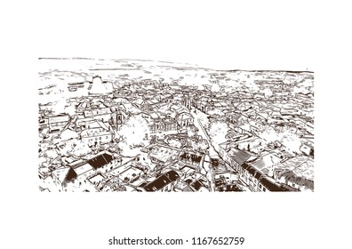 Landmark view with building, Castelo Mendo, Trancoso is a city and a municipality in Portugal. Hand drawn sketch illustration in vector.