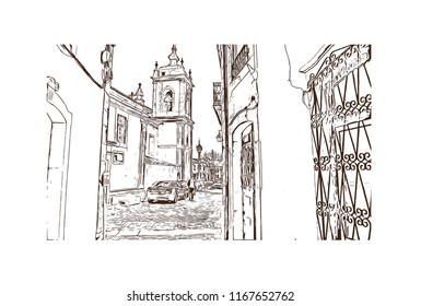 Landmark view with building, Castelo Mendo, Trancoso is a city and a municipality in Portugal. Hand drawn sketch illustration in vector.