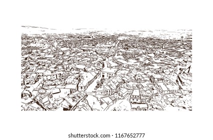 Landmark view with building, Castelo Mendo, Trancoso is a city and a municipality in Portugal. Hand drawn sketch illustration in vector.