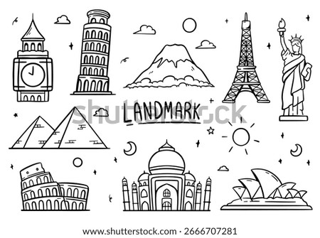 Landmark world drawn doodle on white background. Vector illustration