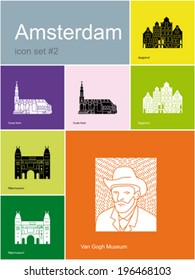 Landmarks of Amsterdam. Set of flat color icons in Metro style. Editable vector illustration.