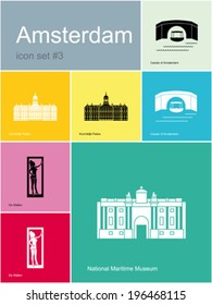 Landmarks of Amsterdam. Set of flat color icons in Metro style. Editable vector illustration.