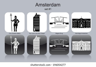 Landmarks of Amsterdam. Set of monochrome icons. Editable vector illustration.