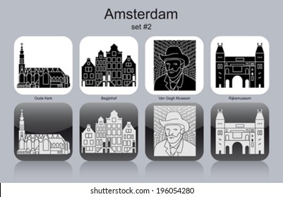 Landmarks of Amsterdam. Set of monochrome icons. Editable vector illustration.