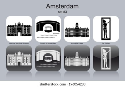 Landmarks of Amsterdam. Set of monochrome icons. Editable vector illustration.