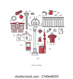Landmarks of Ankara, Turkey. Famous Turkish symbols in the heart shaped composition. Travel to Turkey card design. Set of hand drawn doodle objects. Modern touristic design for travel promotion.