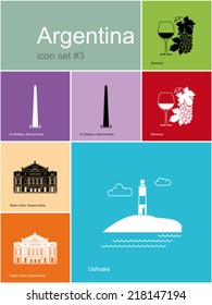 Landmarks of Argentina. Set of color icons in Metro style. Editable vector illustration.