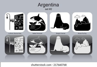 Landmarks of Argentina. Set of monochrome icons. Editable vector illustration.