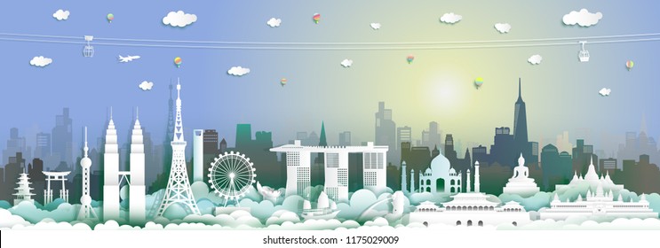 Landmarks Asia travel by cabel car,balloon and airplane,Landmark asian with city and tourism asean background,Tour world to Asian with origami paper cut style for travel poster and postcard vector.