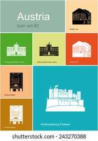 Landmarks of Austria. Set of color icons in Metro style. Editable vector illustration.