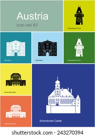 Landmarks of Austria. Set of color icons in Metro style. Editable vector illustration.